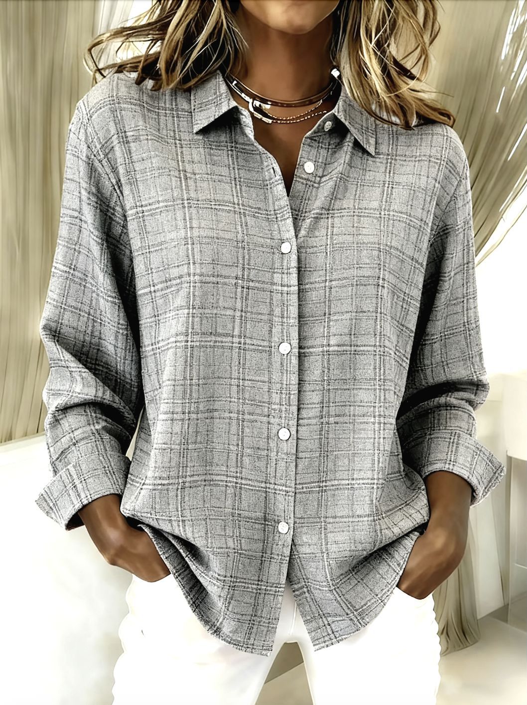 Womens Lapel Plaid Button-up Blouse