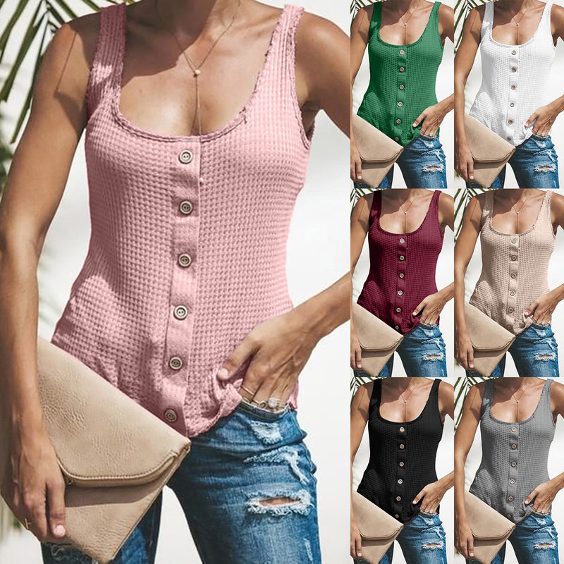 Women's U-neck Solid Color Sleeveless Breasted Vest T-shirt Top