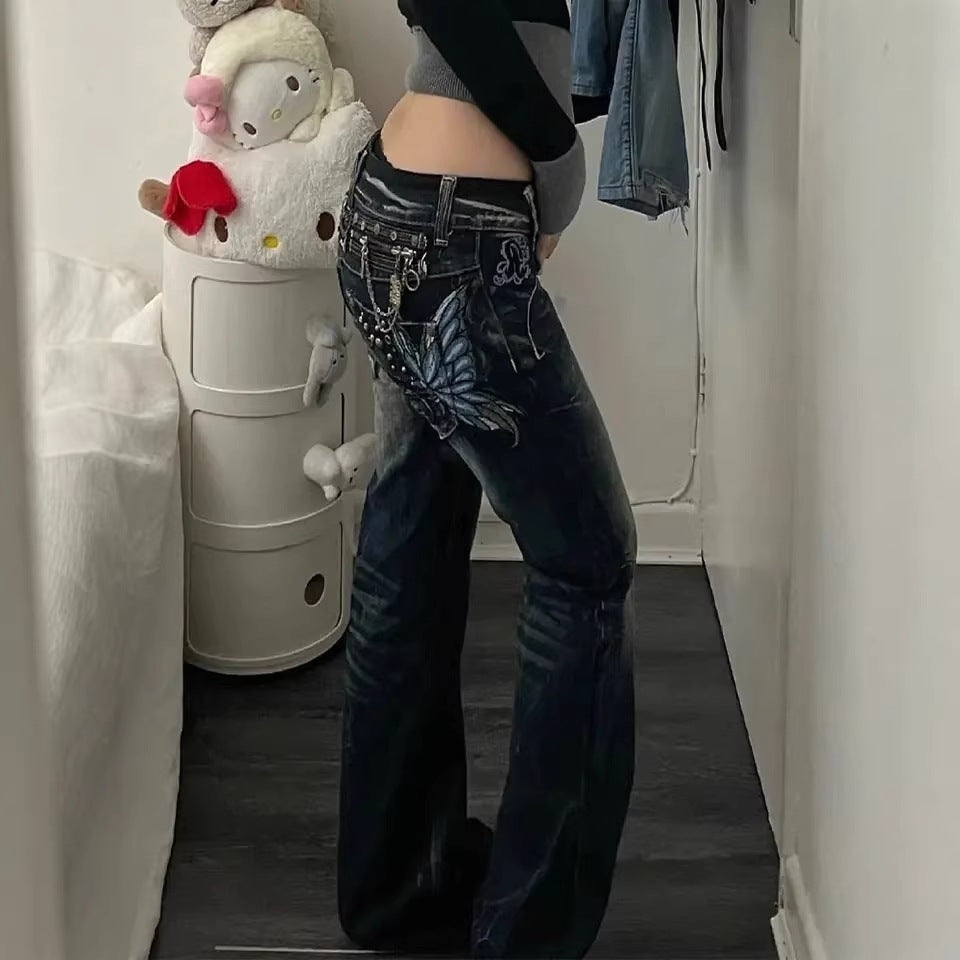 Butterfly-embroidered Low-rise Jeans Womens Y2K Vintage Style
