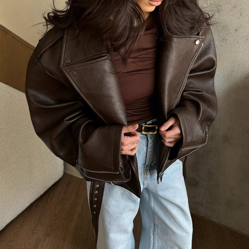 Turn-down Collar Short  Laced Brown Leather Jacket
