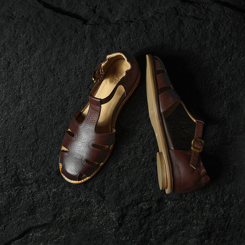 Retro Roman Closed Toe Leather Sandals, Premium Full Grain T-Strap Flats