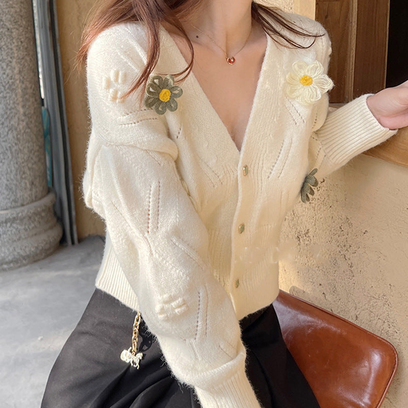 Short Green Flower Sweater Top For Women