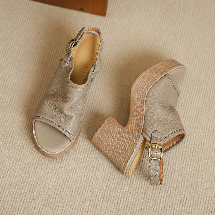 Thick Soled Sheepskin Sandals With Exposed Toes, Women's Summer New Style, Beige