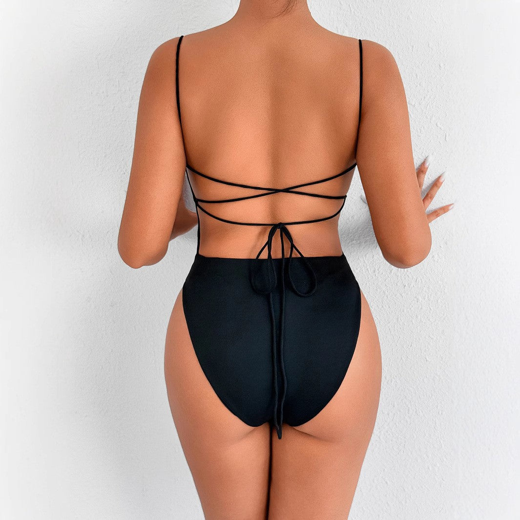Women's Solid-Colored Lace-Up Bodycon Jumpsuit