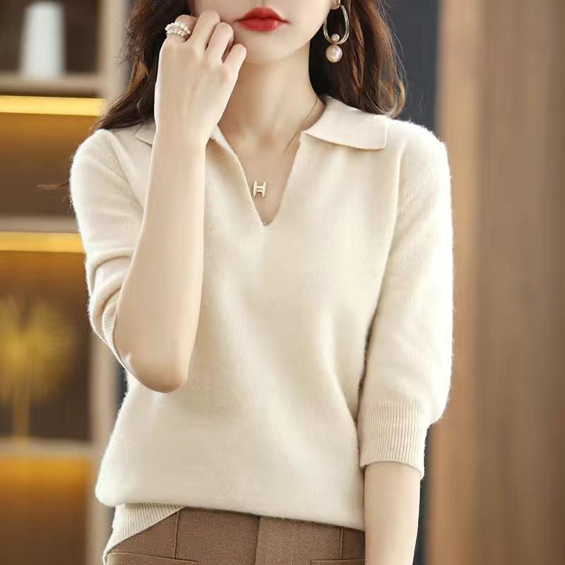 Five-Quarter Sleeve Lapel Sweater Base Layer Womens Top