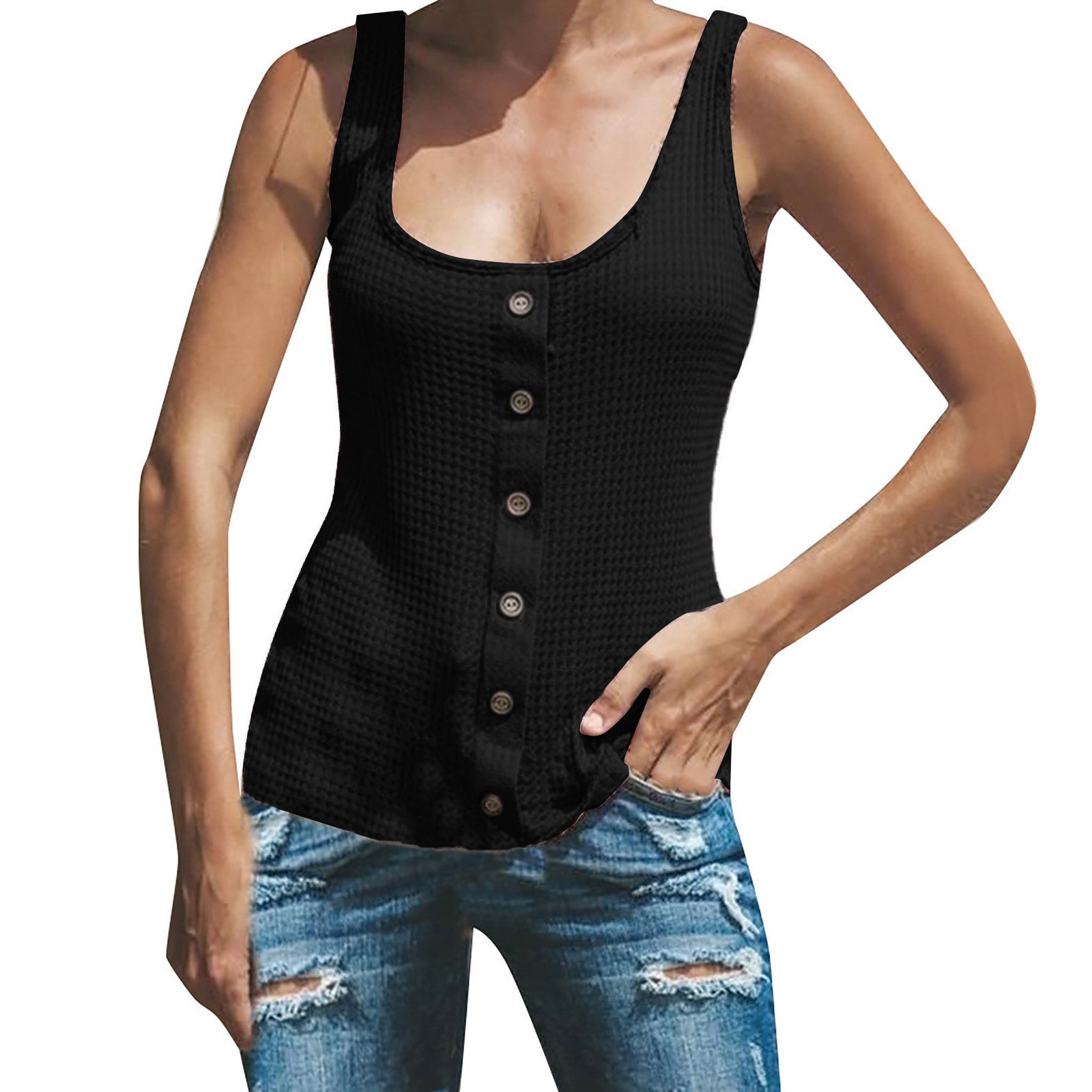 Women's U-neck Solid Color Sleeveless Breasted Vest T-shirt Top
