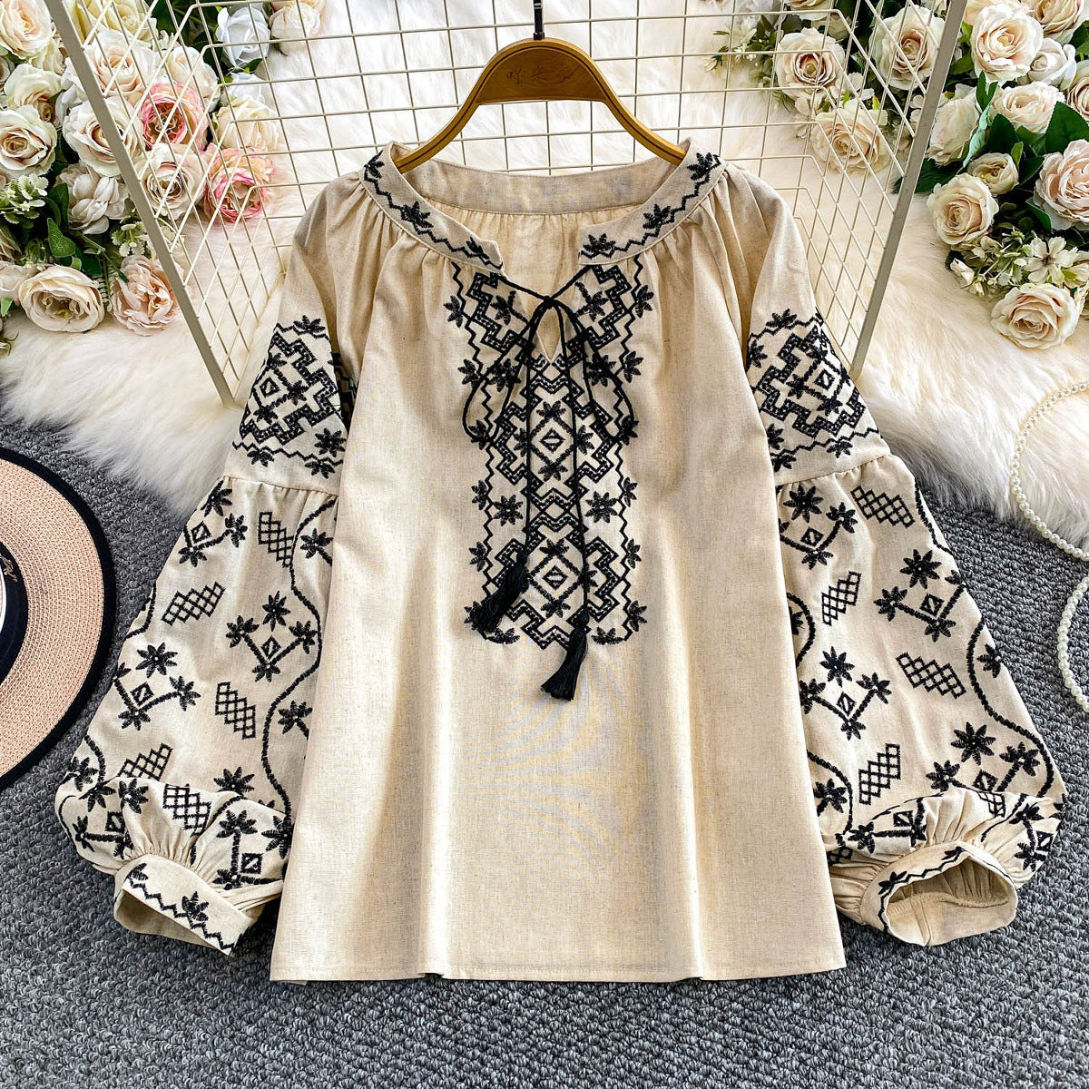 Retro Embroidered Puff Sleeve Shirt For Women