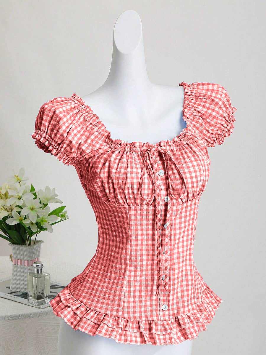 Plaid Cinched-waist Versatile Top For Women