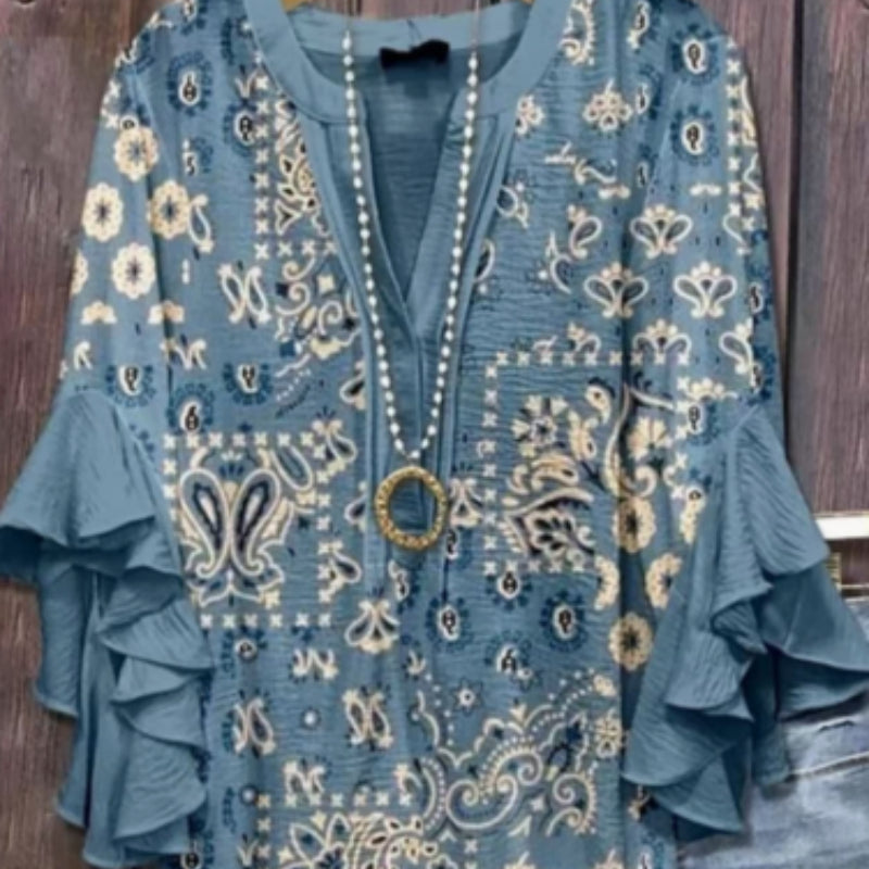 Printed Casual Trend V-necked Floral Edge Blouse