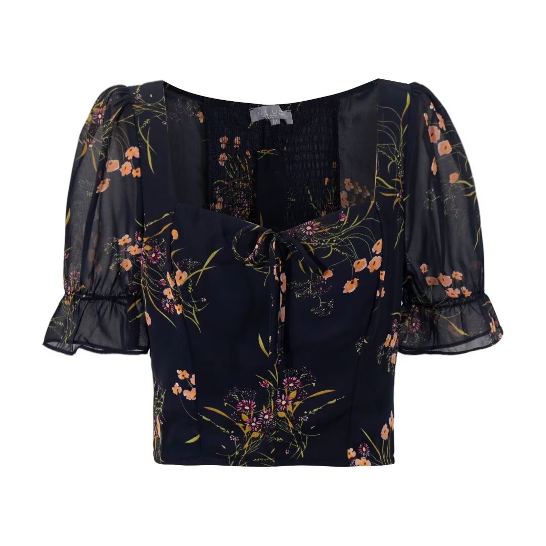 Womens Slim-fit Floral Puff-sleeve Short Top
