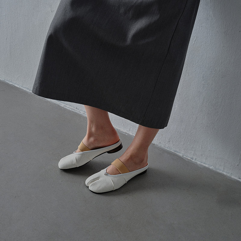 Women's Premium Washed Full Grain Leather Split-Toe Tabi Mules, Elastic Strap Ballet Flats