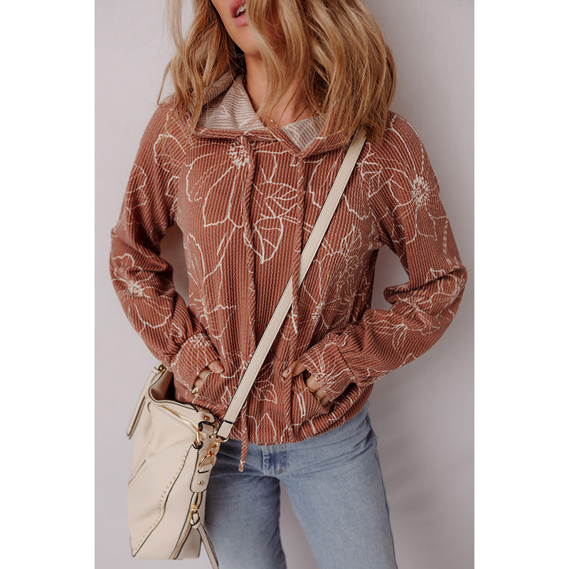 Fashionable All-match Flower Printed Long-sleeved Top Women