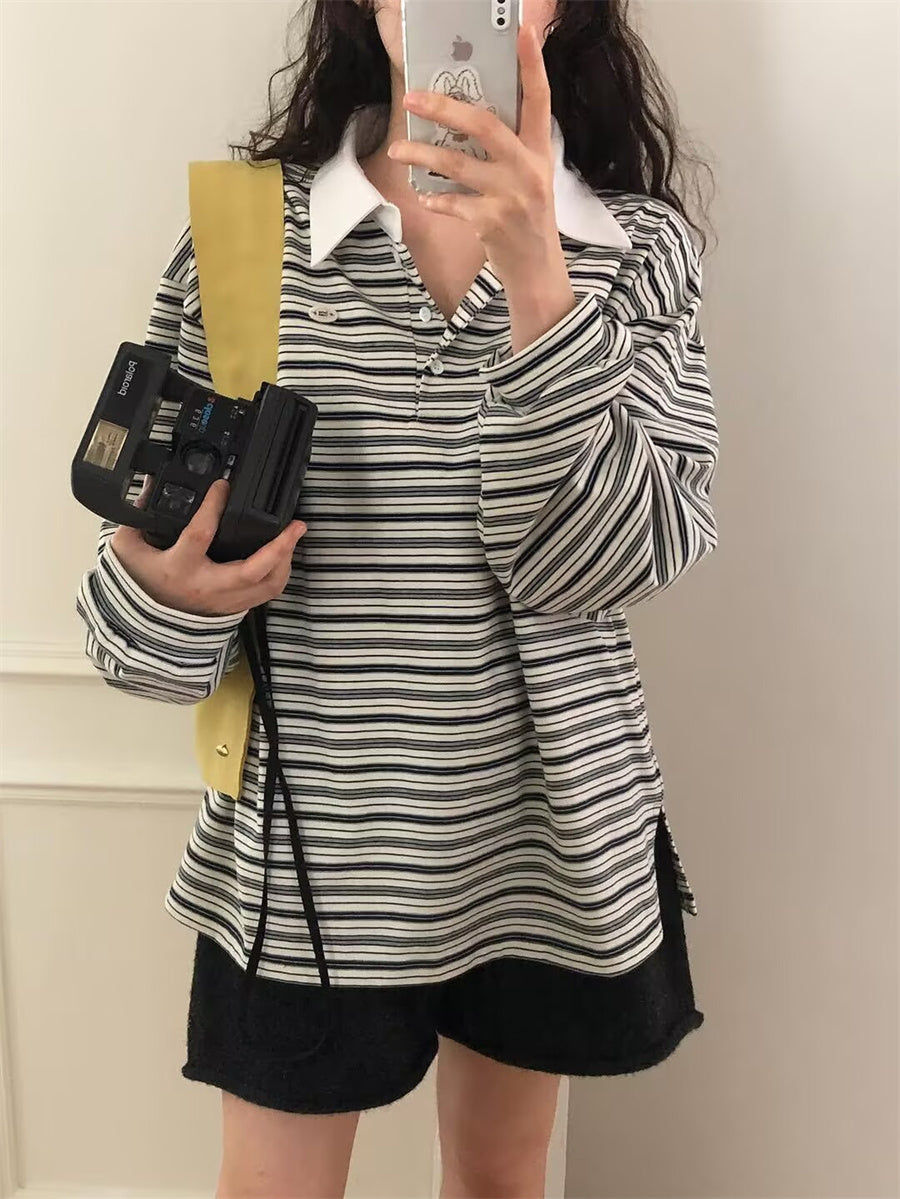 Simple Style Loose Striped Contrast Color Polo Collar Long Sleeve Top