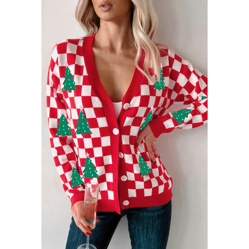 Fall New Single Row Multi-buckle Knitwear For Women European And American Fashion & Trend Christmas Printed Cardigan For Women