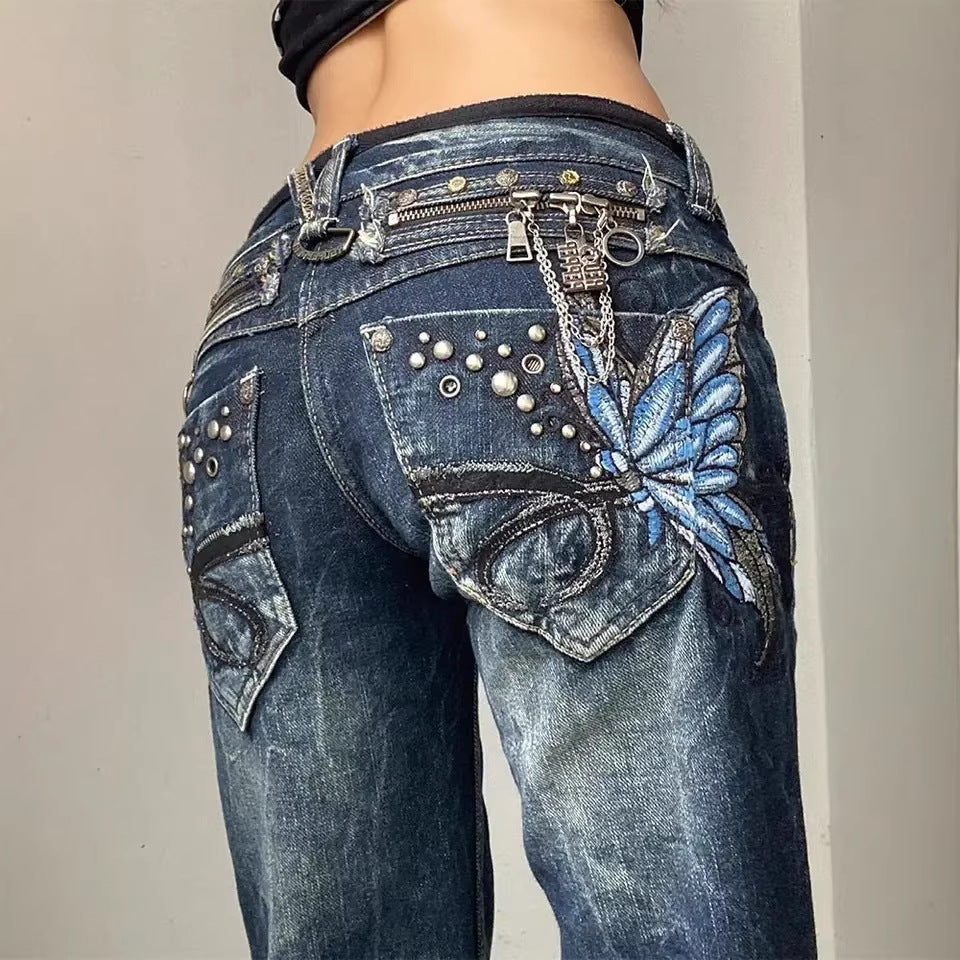 Butterfly-embroidered Low-rise Jeans Womens Y2K Vintage Style
