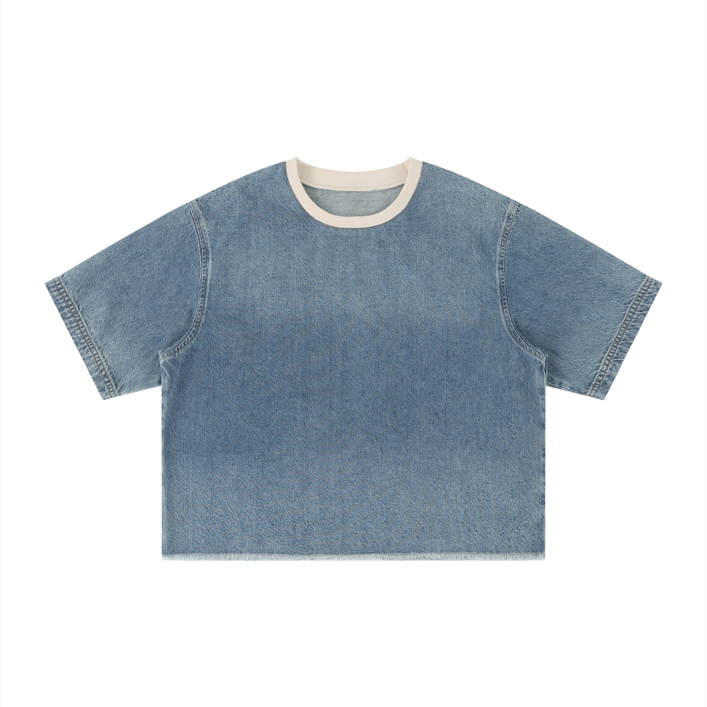 Unisex Vintage Wash Raw Hem Denim T-Shirt – Oversized Boxy Streetwear Denim Tee