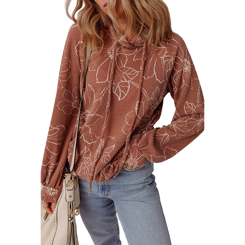 Fashionable All-match Flower Printed Long-sleeved Top Women