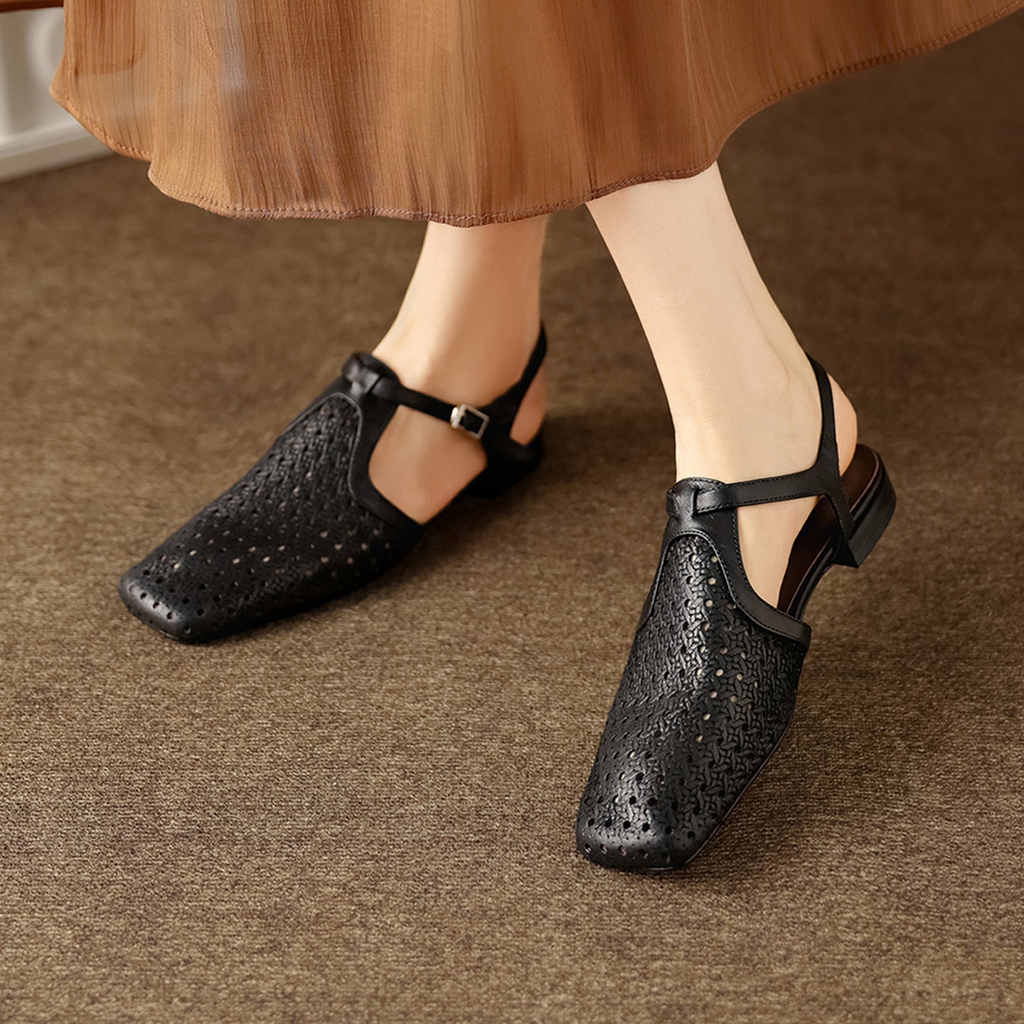 Women's Washed Full Grain Leather Slingback Sandals, Perforated T-Strap Closed-Toe Flat Shoes
