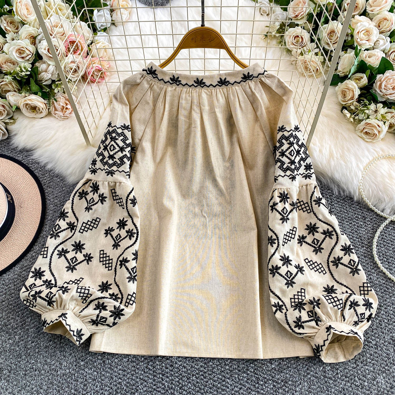 Retro Embroidered Puff Sleeve Shirt For Women