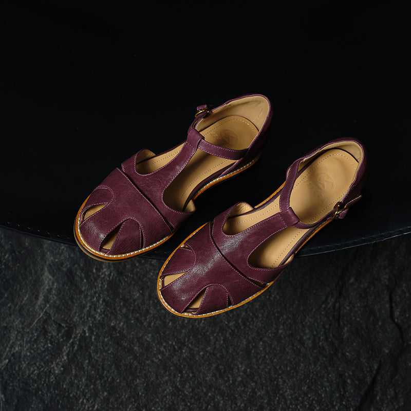 Women's Premium Full Grain Leather T-Strap Fisherman Sandals, Closed-Toe Flat Shoes