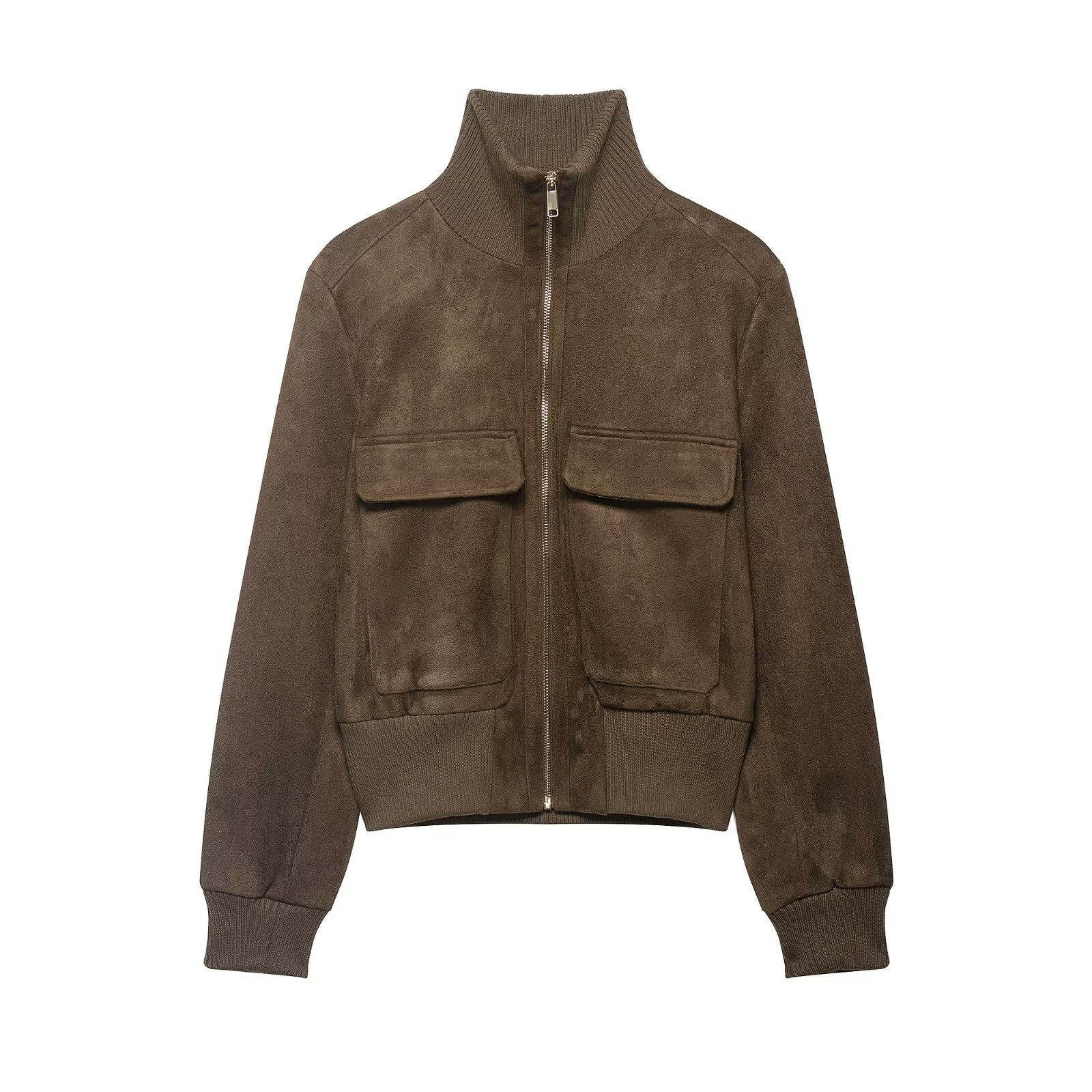 Retro Workwear Chic Comfortable Casual Stand-collar Zip-up Slim-fit Jacket With Pockets