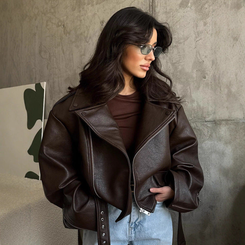 Turn-down Collar Short  Laced Brown Leather Jacket