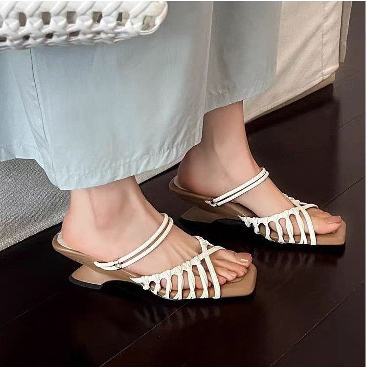 Retro Vacation Style Woven Hollow Wedge Heel Slide Sandals For Women, Open Toe Square Toe Single Strap Roman Sandals Outdoor Wear
