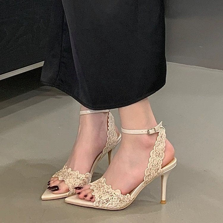 2026 Summer New French Niche Design Women Sandals, Pointed Toe Lace Stiletto High Heel Open Toe Outdoor Shoes