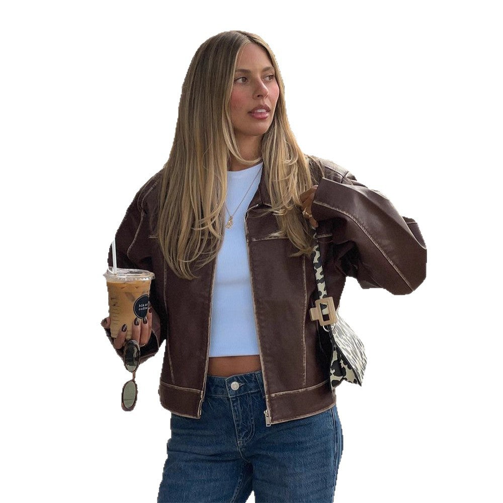 Solid-color Lapel Zip-up Jacket Coat