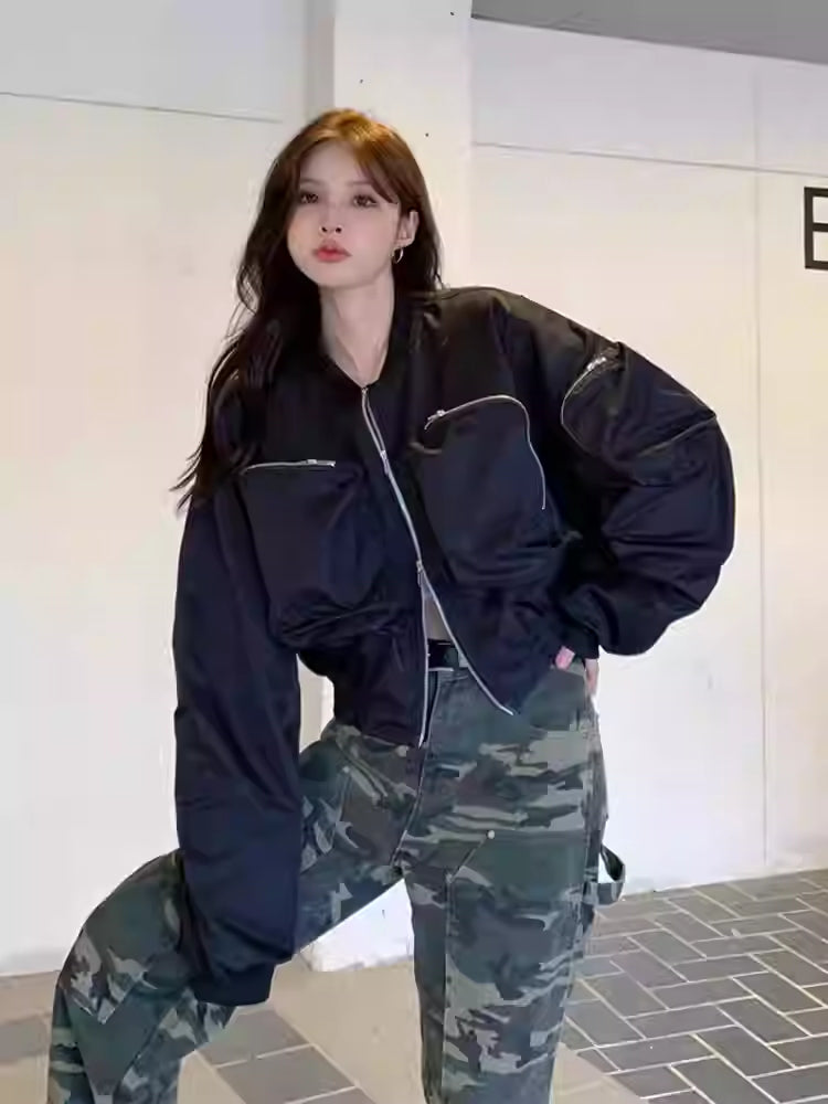 Casual Black Workwear-style Baseball Jacket Short Coat