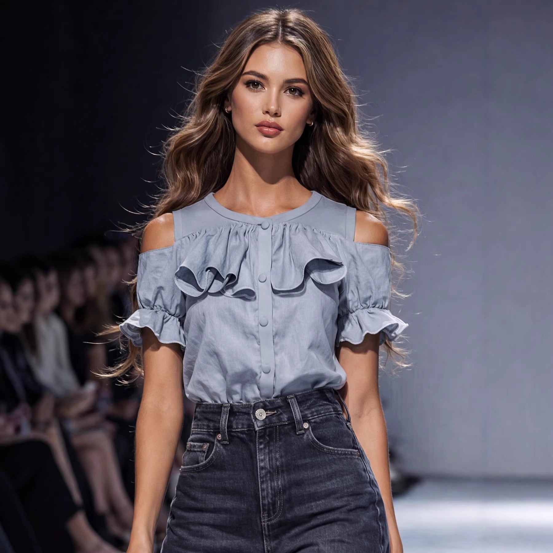 Women's Gray Ruffled-edge Short-sleeve Shirt
