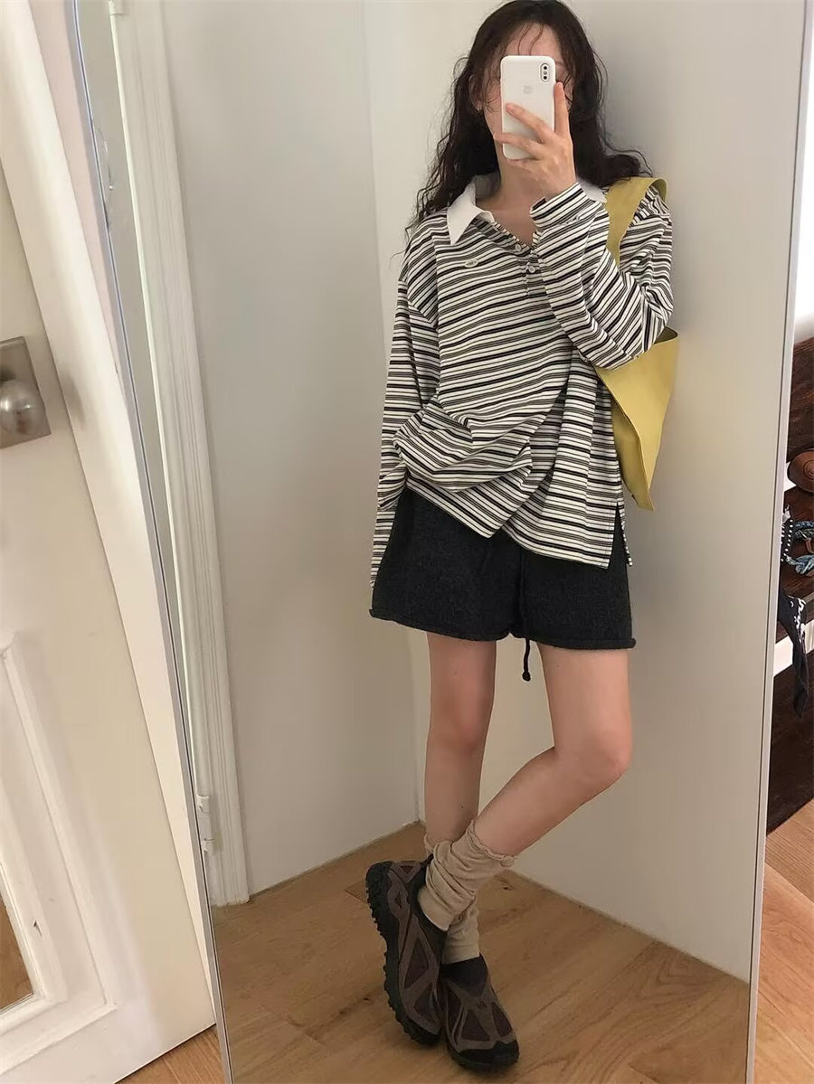 Simple Style Loose Striped Contrast Color Polo Collar Long Sleeve Top