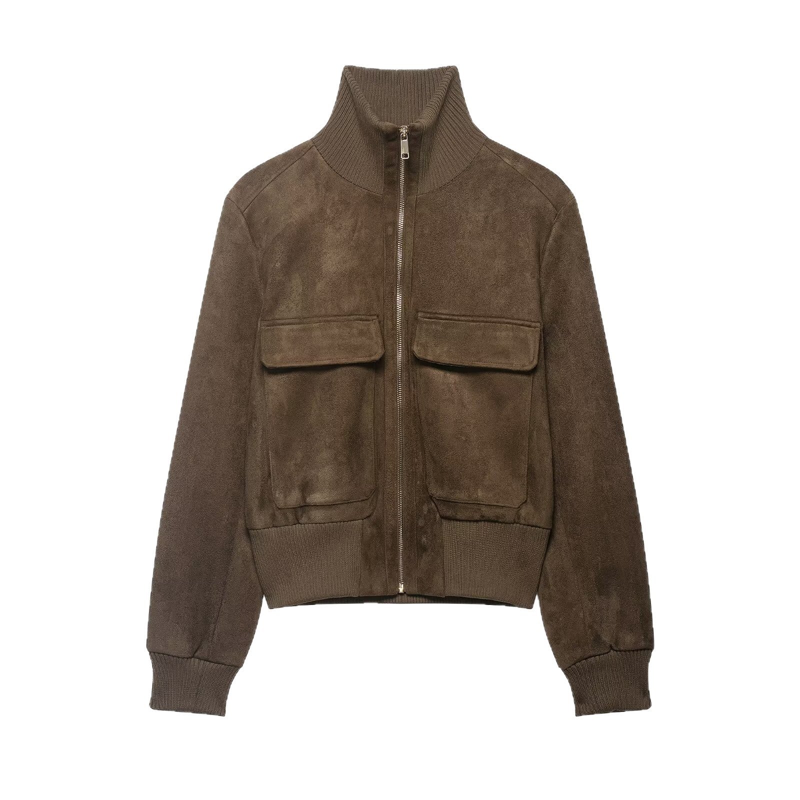 Retro Workwear Chic Comfortable Casual Stand-collar Zip-up Slim-fit Jacket With Pockets