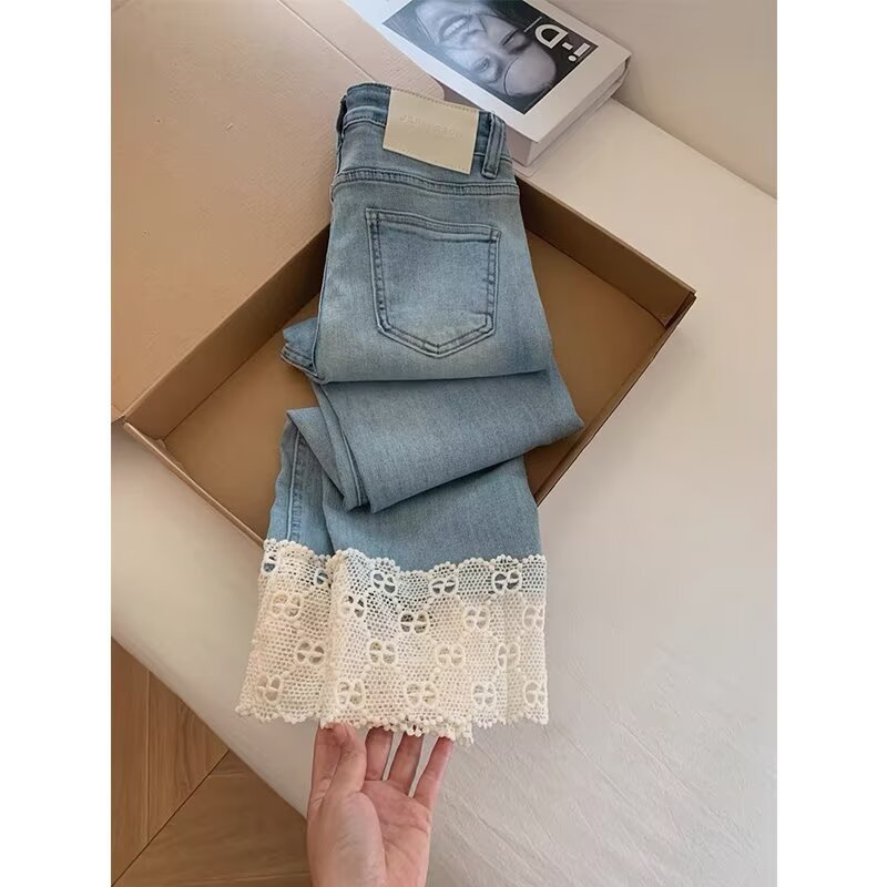 Women's Fashionable Retro Lace Straight-Leg Denim Jeans