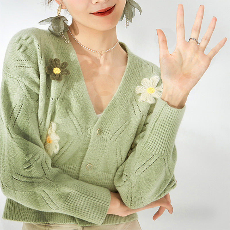 Short Green Flower Sweater Top For Women