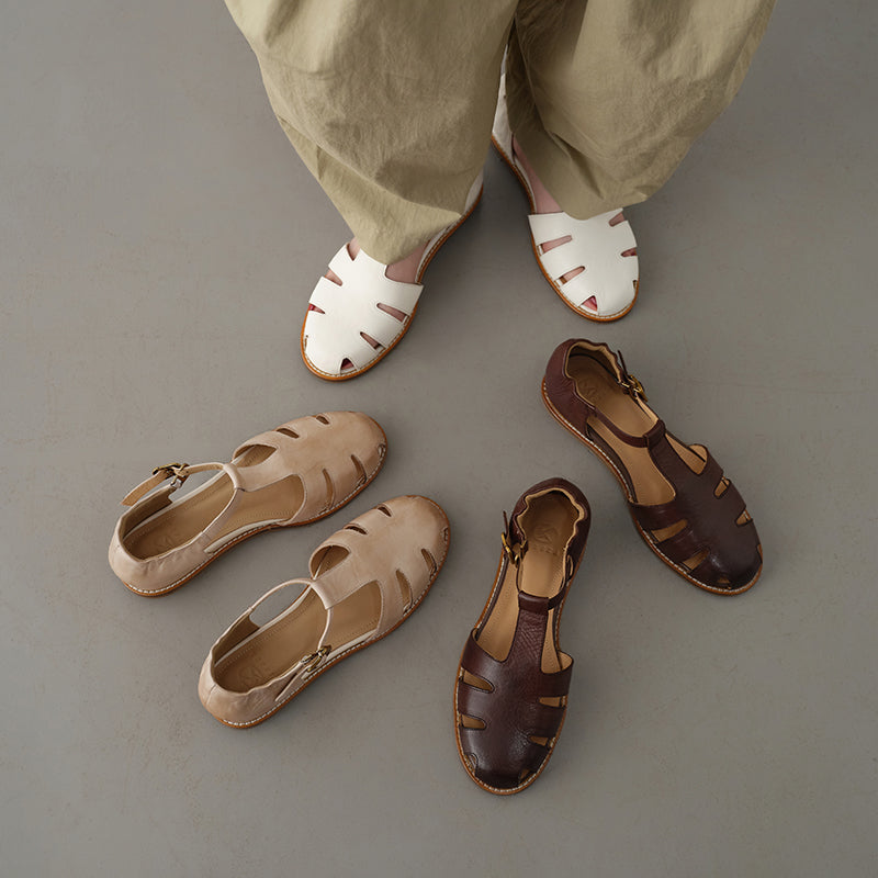 Retro Roman Closed Toe Leather Sandals, Premium Full Grain T-Strap Flats