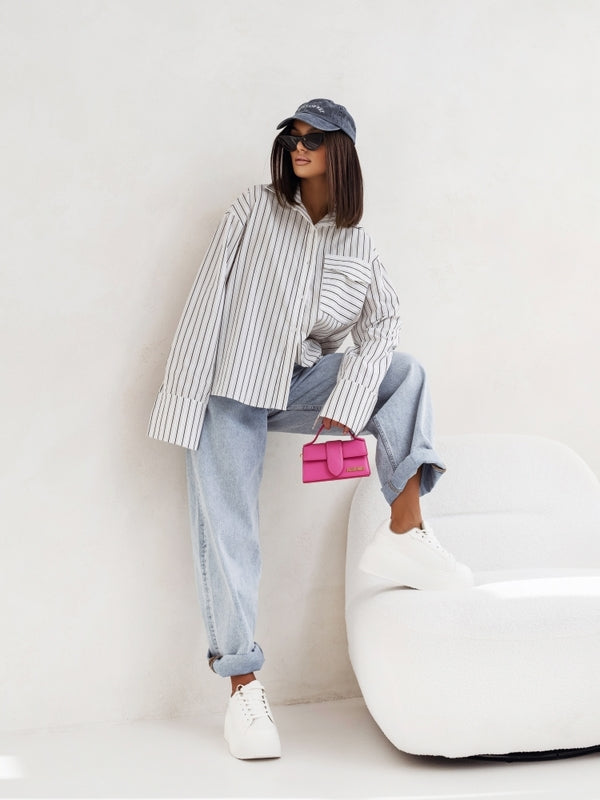 2026 NEW Women's Casual Stripes Shacket Button Down Long Sleeve Shirt Jacket Coats With Pockets