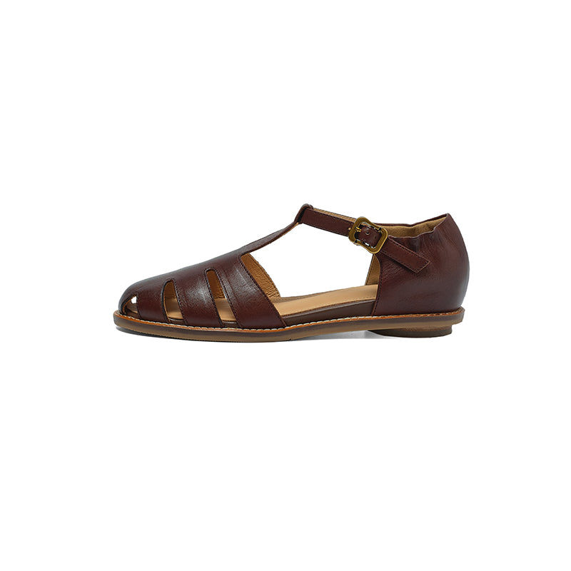 Retro Roman Closed Toe Leather Sandals, Premium Full Grain T-Strap Flats