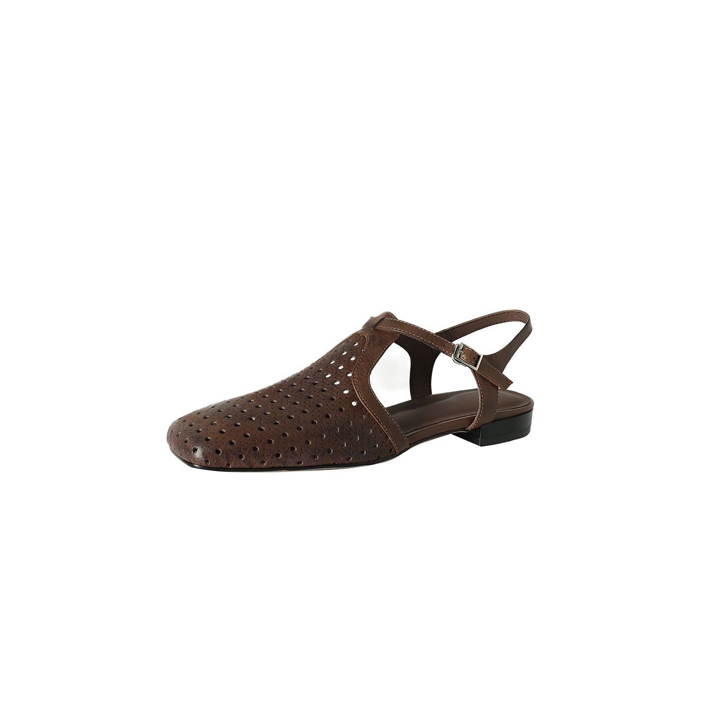 Women's Washed Full Grain Leather Slingback Sandals, Perforated T-Strap Closed-Toe Flat Shoes