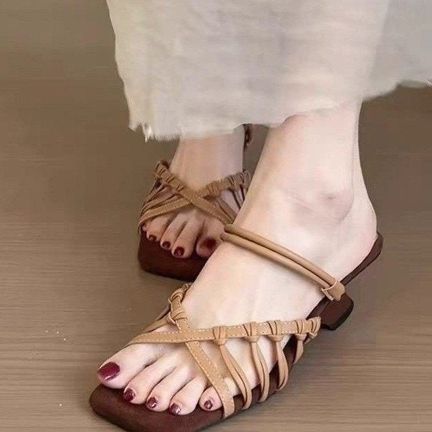 Retro Vacation Style Woven Hollow Wedge Heel Slide Sandals For Women, Open Toe Square Toe Single Strap Roman Sandals Outdoor Wear