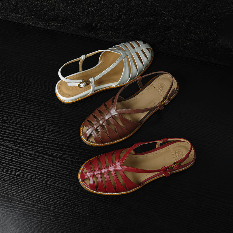 Women's Premium Full Grain Leather Woven Roman Sandals, Closed Toe Slingback Flat Shoes