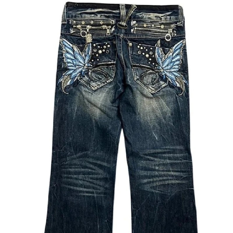 Butterfly-embroidered Low-rise Jeans Womens Y2K Vintage Style