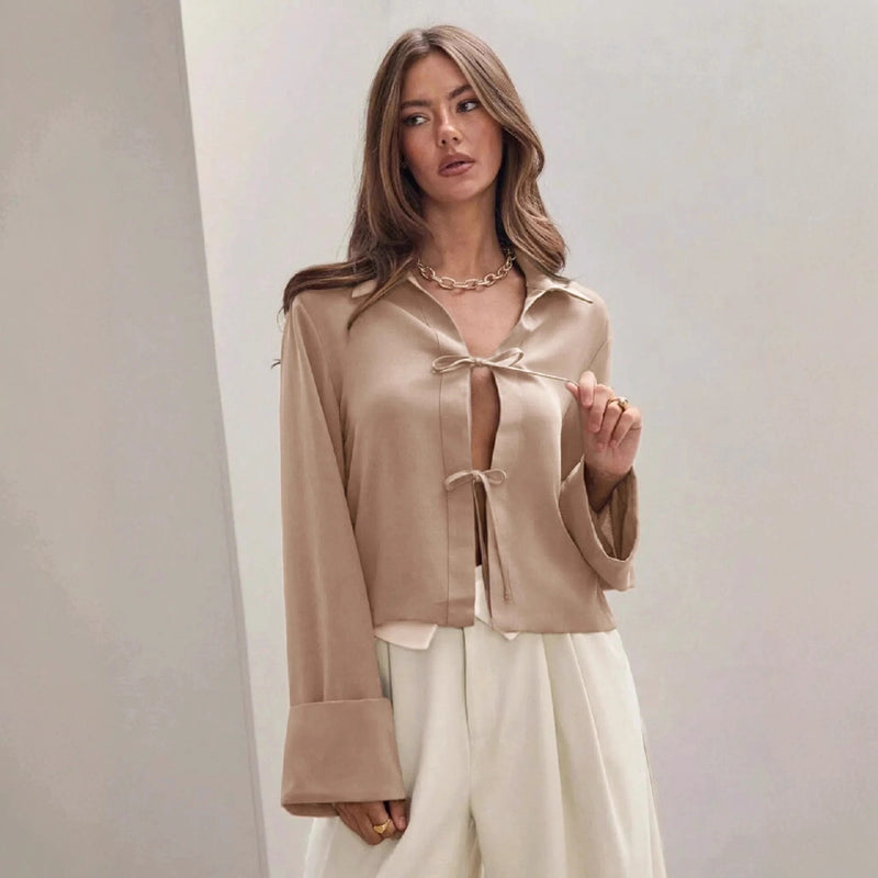 Women's Long Sleeve Bowknot Cardigan Lace-up Shirt