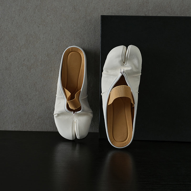 Women's Premium Washed Full Grain Leather Split-Toe Tabi Mules, Elastic Strap Ballet Flats