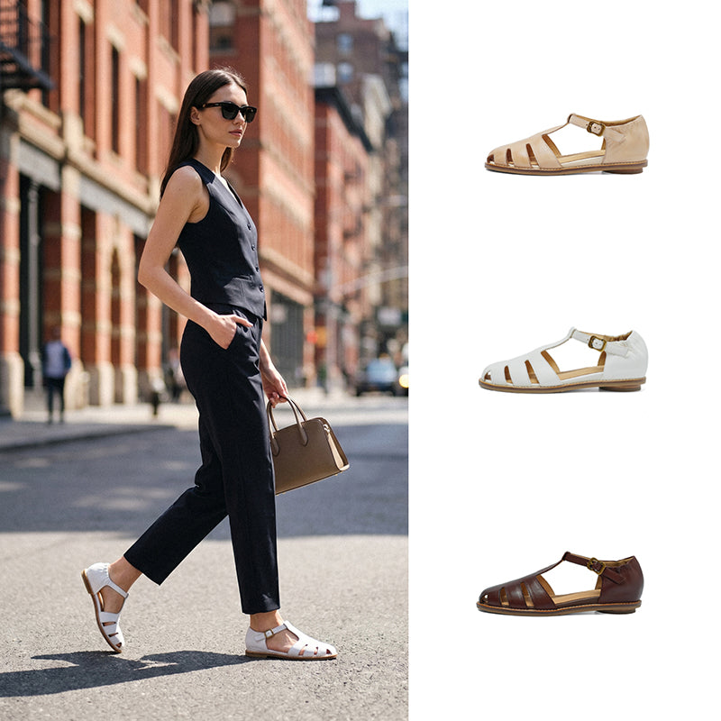 Retro Roman Closed Toe Leather Sandals, Premium Full Grain T-Strap Flats