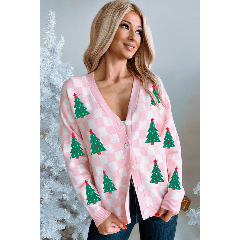 Fall New Single Row Multi-buckle Knitwear For Women European And American Fashion & Trend Christmas Printed Cardigan For Women