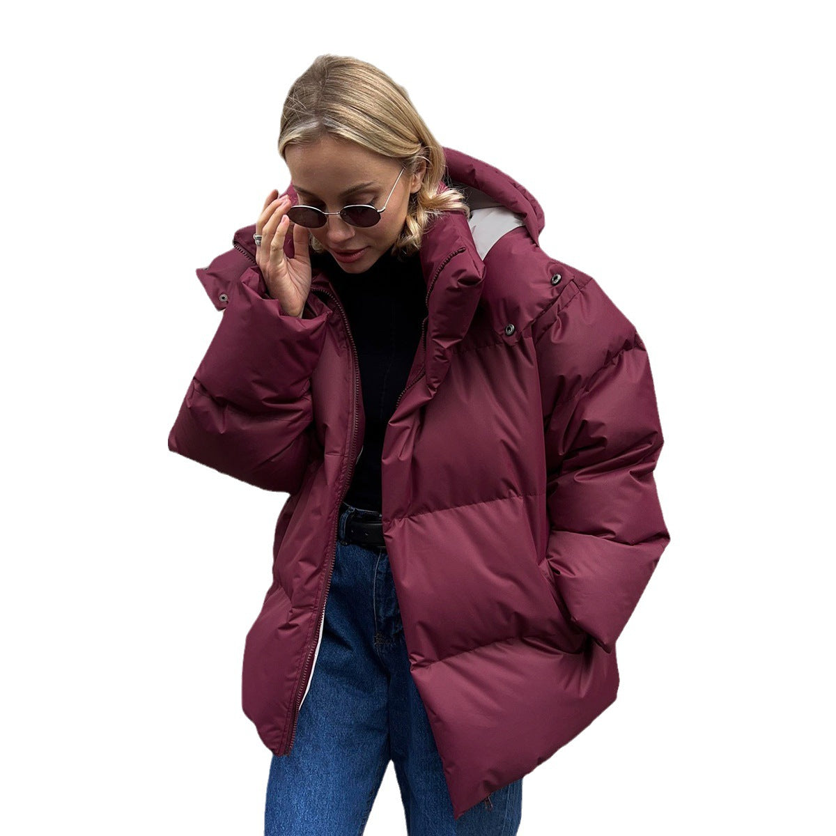 Cotton-padded Coat Loose-fit Cotton Jacket Solid-color Hooded Cotton Garment
