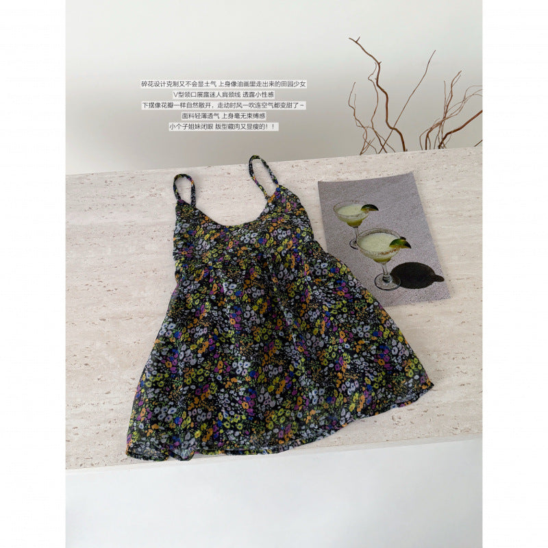 Korean-style Retro Floral Slip Vest Womens Resort Style