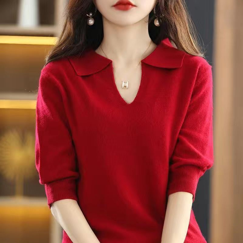 Five-Quarter Sleeve Lapel Sweater Base Layer Womens Top