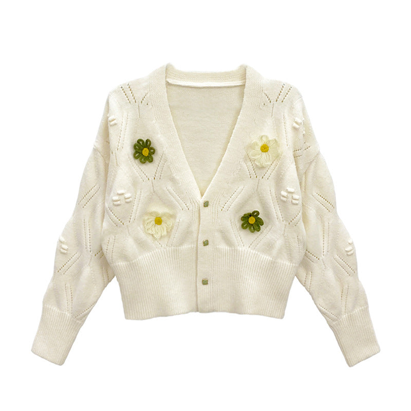 Short Green Flower Sweater Top For Women